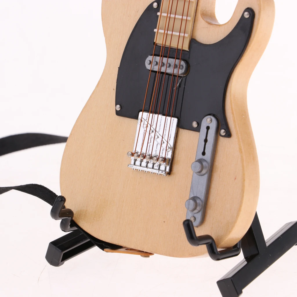 1/6 Mini Kids Toy Guitar Musical Instrument Miniature Dollhouse Model Home decoration with Stand for Music Room (Beige)