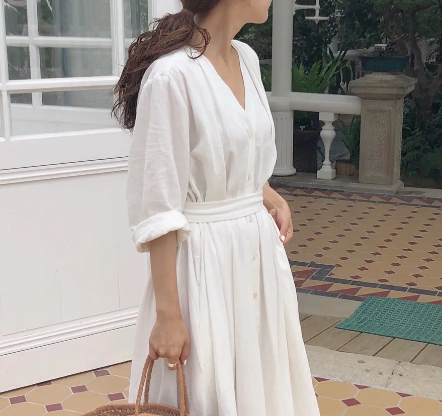 

Fashion 2019 New V-Neck Solid Party Dress Women Vintage Sashes Empire Long A-Line Dress Female Loose Casual Dresses