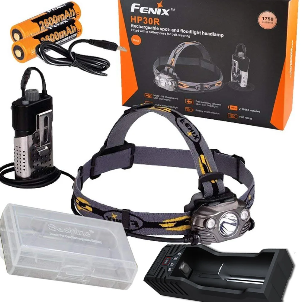 

Fenix HP30R 1750 Lumen Spot and Flood Light CREE LED USB Rechargeable Headlamp with 2 X Fenix 18650 batteries and k1 charger