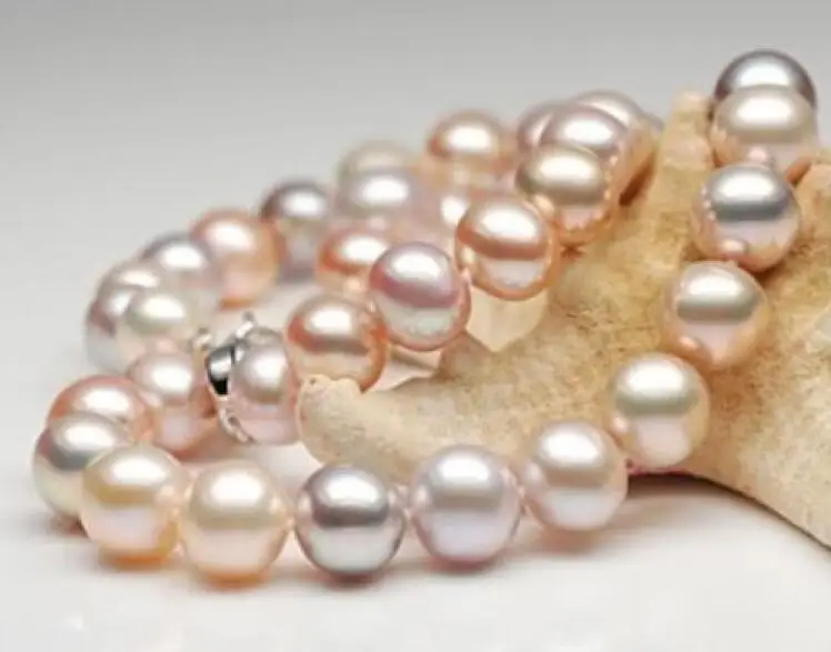 

18"9-10MM SOUTH SEA WHITE GOLD PINK ROUND PEARL NECKLACE 925 silver
