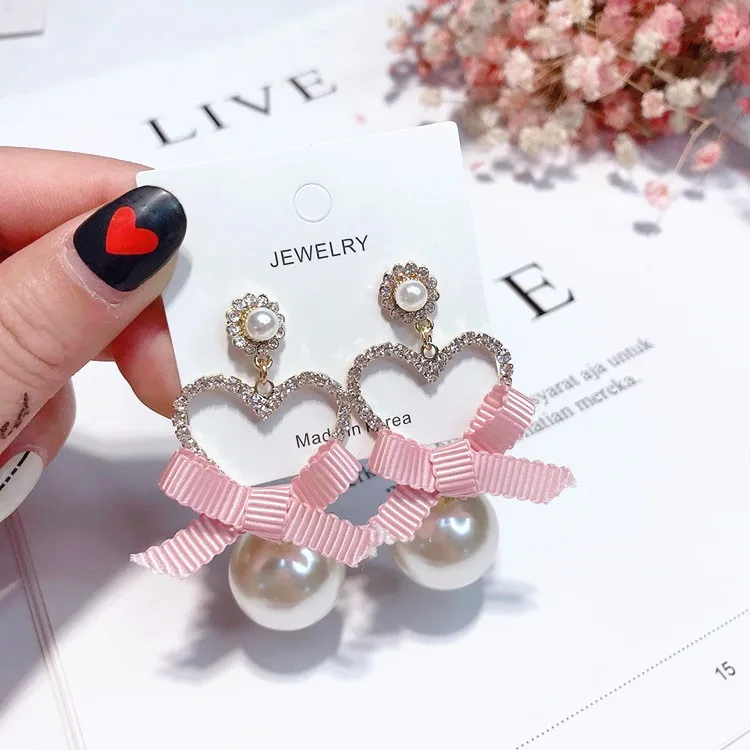 sweet pink Ribbon heart pearl cz earring Hypoallergenic fadeless alloy fashion jewelry stud earrings for women gift