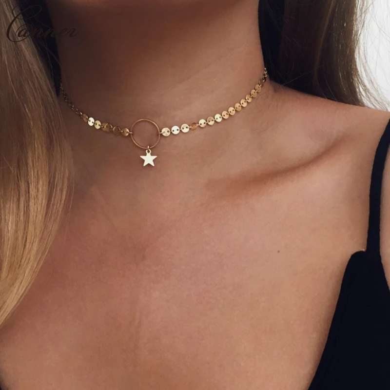 Gold Silver Color Sequins Round Coin Choker Necklace Women Circle Star Necklaces Pendants Jewelry Collar Cahins collier femme Q4