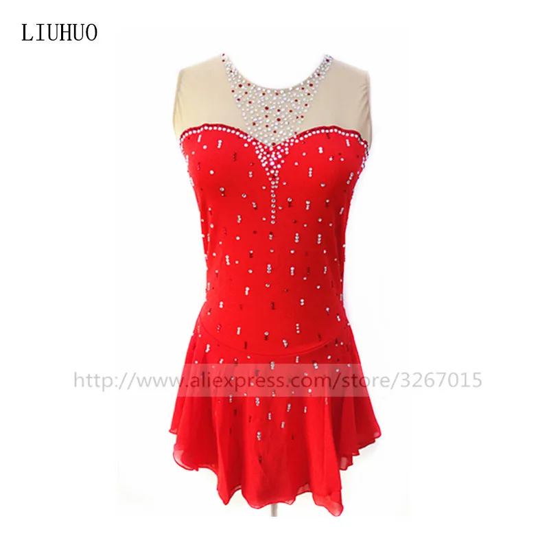 Платье для фигурного катания Женская одежда для девочек платье для фигурного катания черный красный круглый вырез без рукавов блестящие стразы - Цвет: Красный
