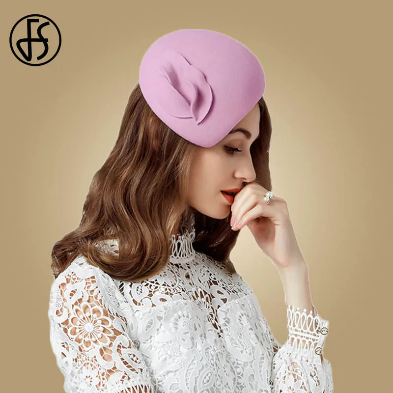 Женская фетровая винтажная шляпка-«таблетка» FS, шляпка из шерсти, для формальных и торжественных случаев, розовая, демисезонная - Цвет: Pink Purple Wool Hat