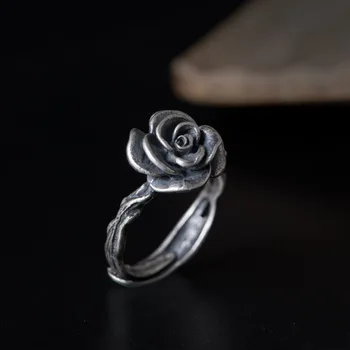 

Silver Retro Flower Ring Opening Hand Ornament Can Adjust Thai Silver Mountain Camellia Ring, Female Sterling Silver.