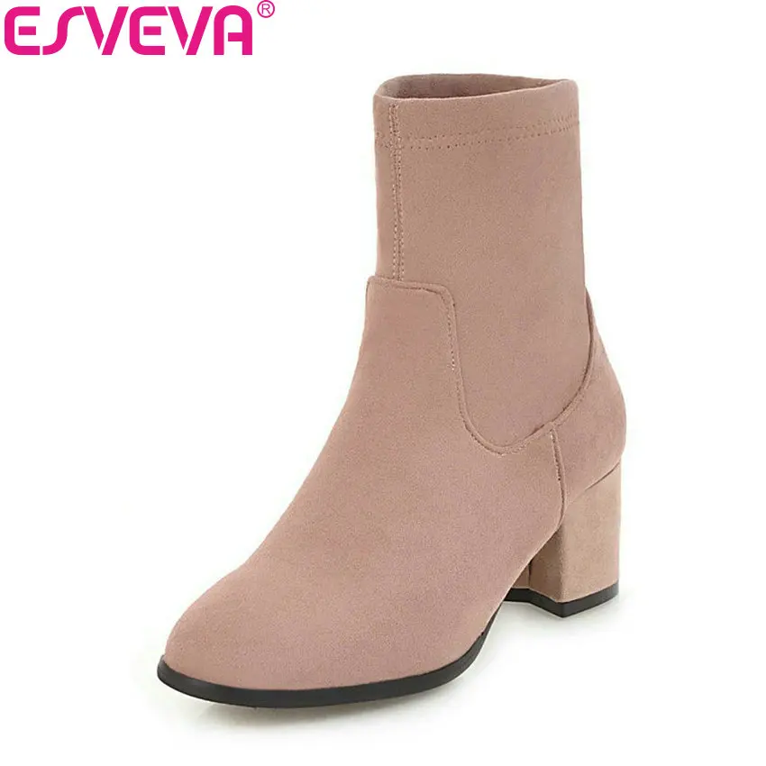 

ESVEVA 2019 Women Shoes Square High Heels Slip on Round Toe Solid Winter Boots Ankle Boots Stretch Fabric Woman Shoes Size 34-43