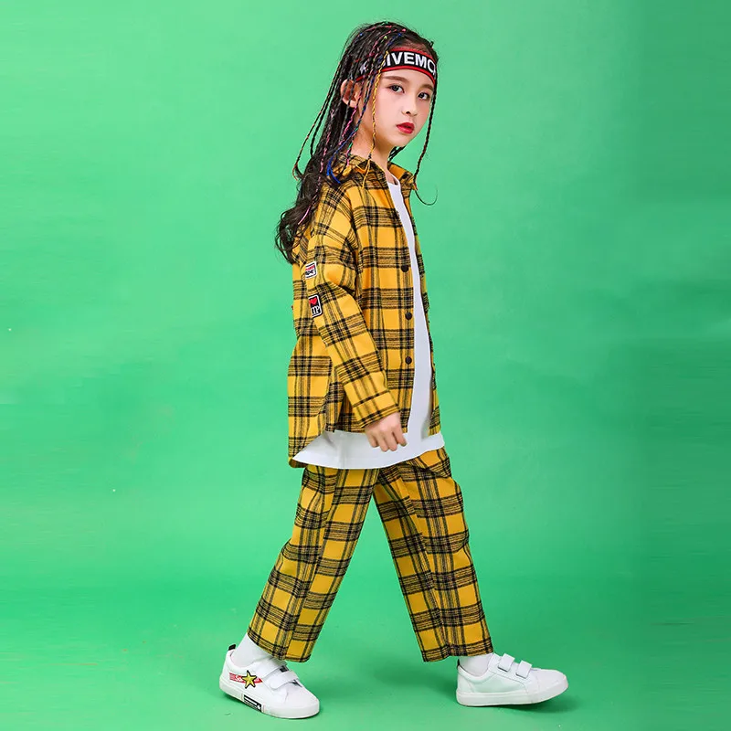 2019 New Children Hip-hop Street Dance Performance Costume Autumn Boys Girls Loose Jazz Dance Show Yellow Plaid Shirt Pants Set (10)