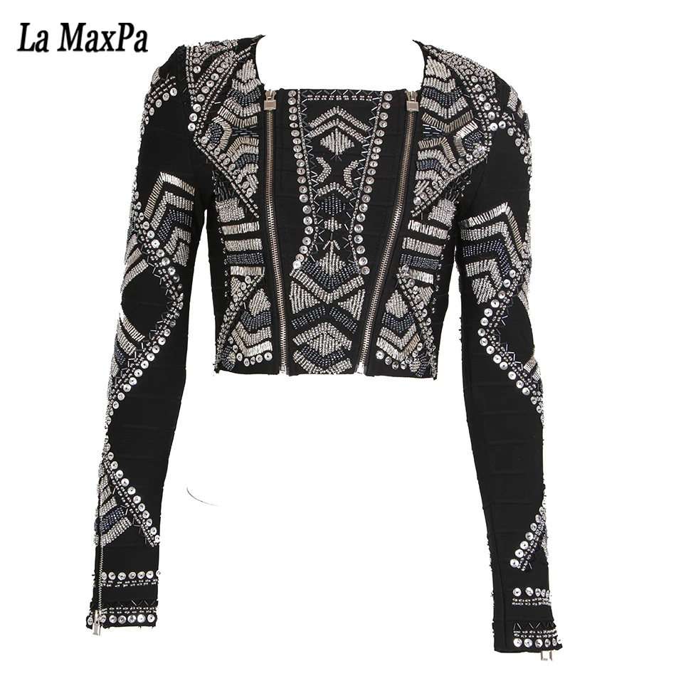 

2017 Summer new women long sleeve o-neck short jackets bodycon beading crystal geometric sexy club party jackets dresses Vestido