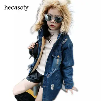 

Children's Clothing Jeans Coat for Girls Denim Jackets Soild Children Outerwear Kid Winter Plus Velvet Hooded Thickening Clothes