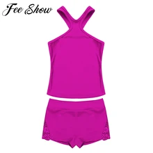 Детская одежда для девочек 4, 6, 8, 10, 12, 14 лет, комплект из топа на бретельках и штанов для танцев, тренажерного зала, тренировок, летняя одежда для активного отдыха