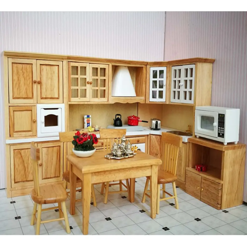 Searchyou 1/12 Scale Dollhouse Miniature Furniture Wooden Kitchen Set Wooden Sink Cooking Bench Corner Cupboard Kitchen Toy Set for Doll house