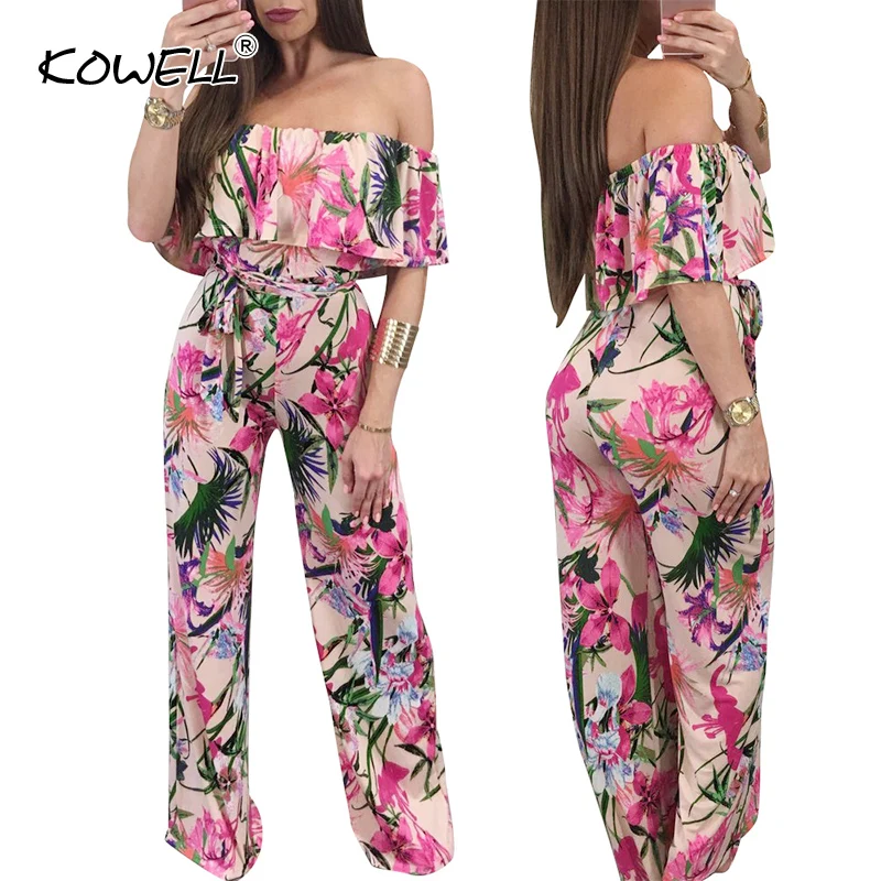 Hot Sale Bohemian Palm Print Lace Up Jumpsuits&Rompers Off Shoulder Plus Size Women Jumpsuit Summer Beach Sexy Jumpsuit Overalls
