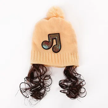 

Hot Sale 4 Colors Fashion Autumn Winter Baby Girls Paillette Music Mark Wig Beanie Cap Knitting Ball Hat Best Gift For Kids