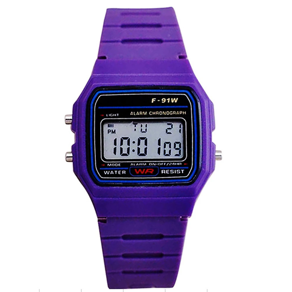 Прямоугольник цифровой циферблат пластиковый ремешок наручные часы спортивные электронные часы Многофункциональный Будильник Детские квадратные часы - Цвет: Фиолетовый
