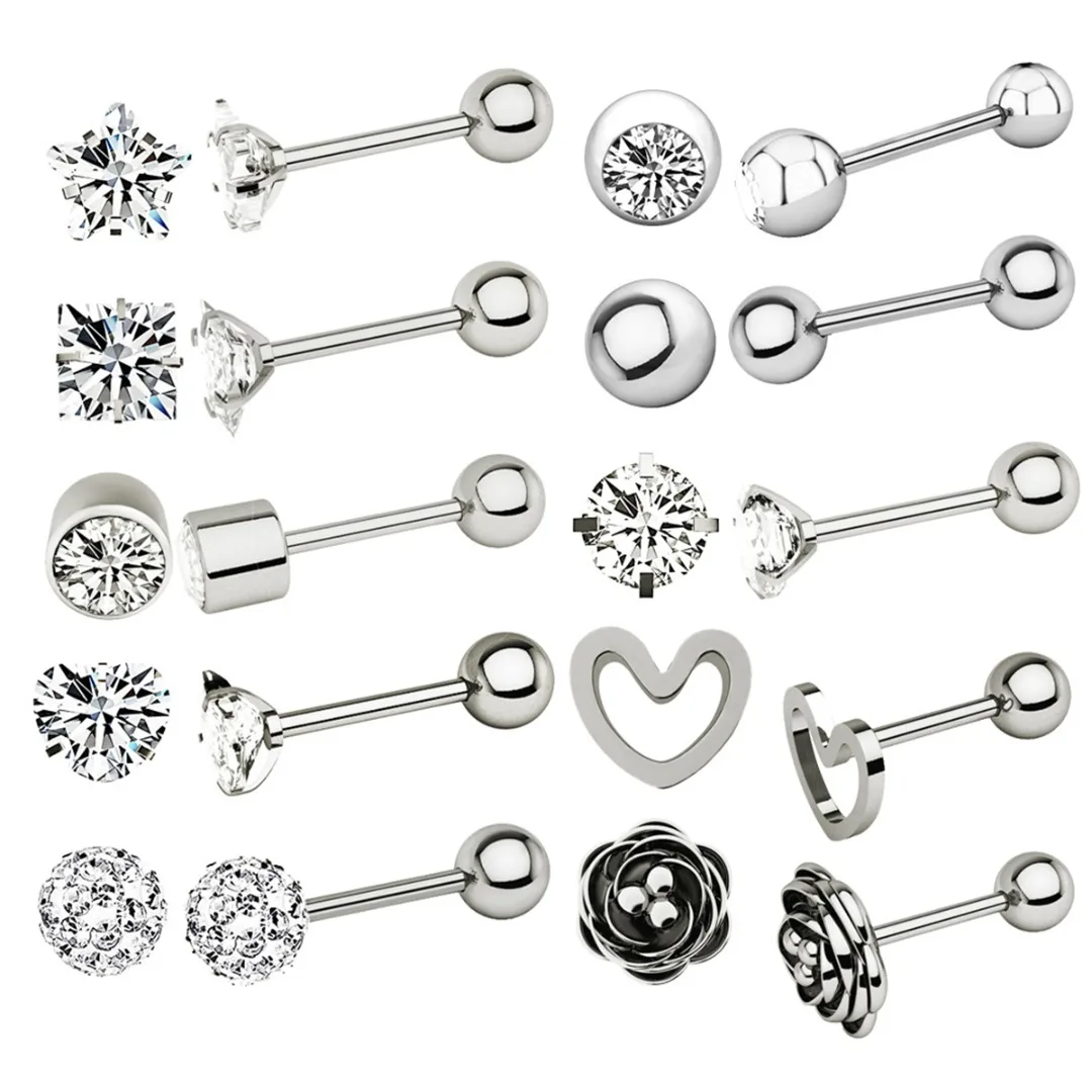 10Pairs/lot Zircon Crystal Heart Flower Ball Cartilage Lip Nail Bar Ring Barbell Piercing Tongue Stainless Steel Body Jewelry