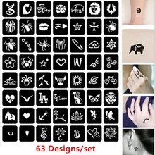 63pcs/set Henna Tattoo Stencil for Finger Wrist Airbrush Tattoo Pochoir Small Glitter Tattoo Set DIY Stencils for Painting