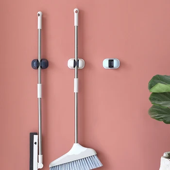 

2019 Kitchen Accessories Adhesive Seamless Mop Rack Free Punching Mop Clip Wall Hanging Mop Broom Card Holder Bathroom Organizer