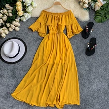 Женское Повседневное платье с вырезом лодочкой и расклешенными рукавами, женское однотонное элегантное платье на весну и лето F630