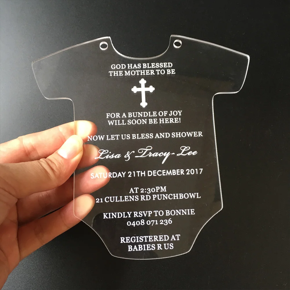  Baby Dress Shape Printing letters 145x145mm Frosted/Clear Acrylic Christening Invitation Card 100pc - 32829580741