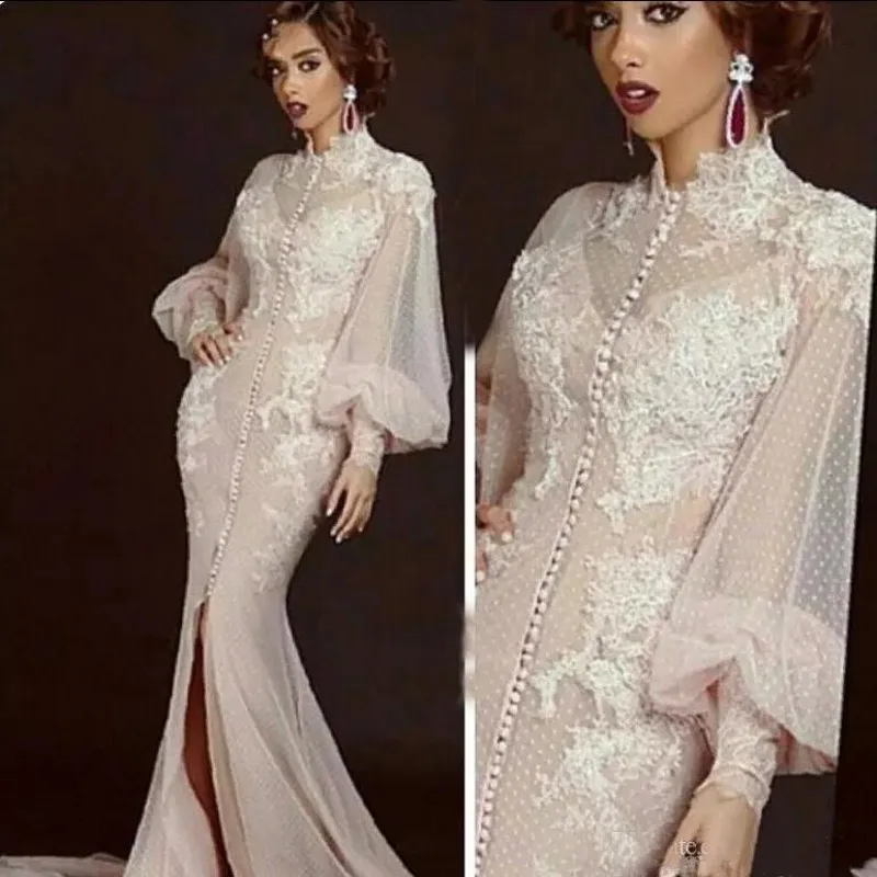 

Evening Dresses 2019 Mermaid Long Sleeves Tulle Lace Slit Formal Islamic Dubai Saudi Arabic Long Elegant Evening Gown