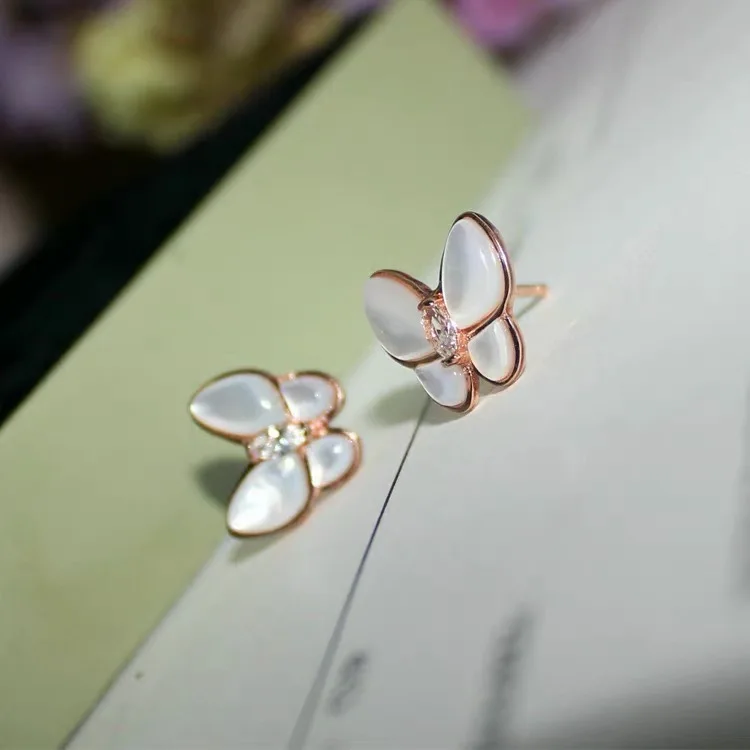 

Natural Shell With Zircon Butterfly Earrings Stud Real 925 Sterling Silver Earrings 2 Colors High Quality Women Jewelry Bijoux