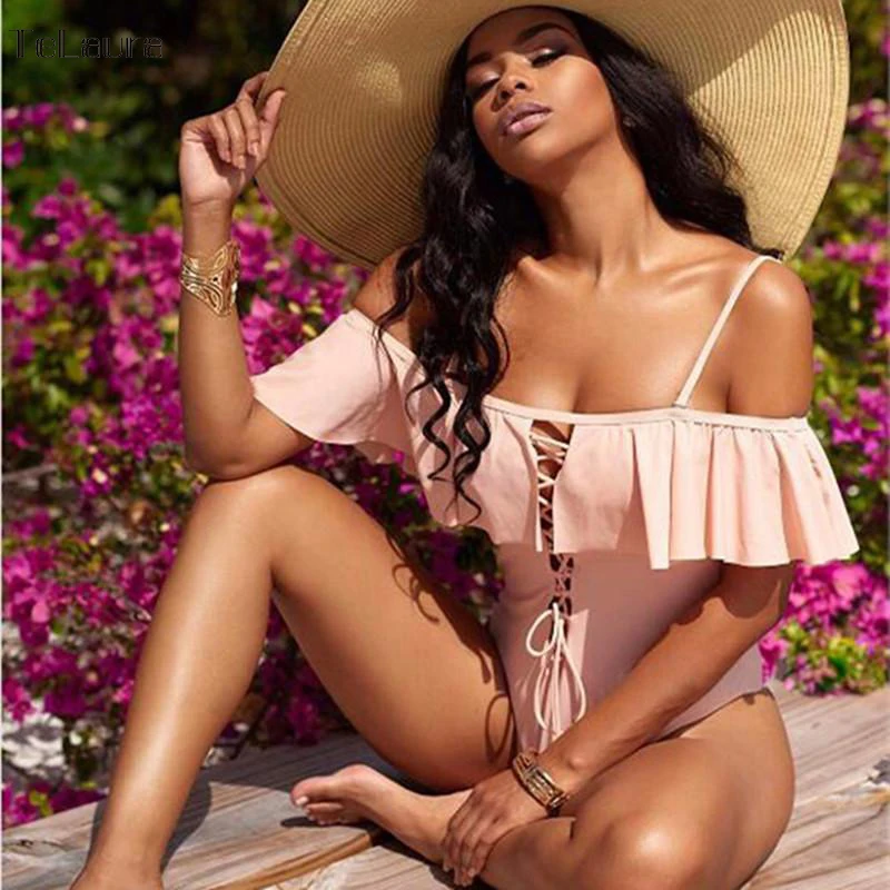 

2018 Sexy One Piece Swimsuit Women Swimwear Off the Shoulder Monokini Ruffle Bodysuit Solid Swimsuit Bandage Cross Bathing Suit