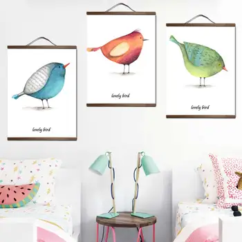 

Children's room Cute bird animal decorative canvas painting with wall art home posters with solid wood hanging scroll