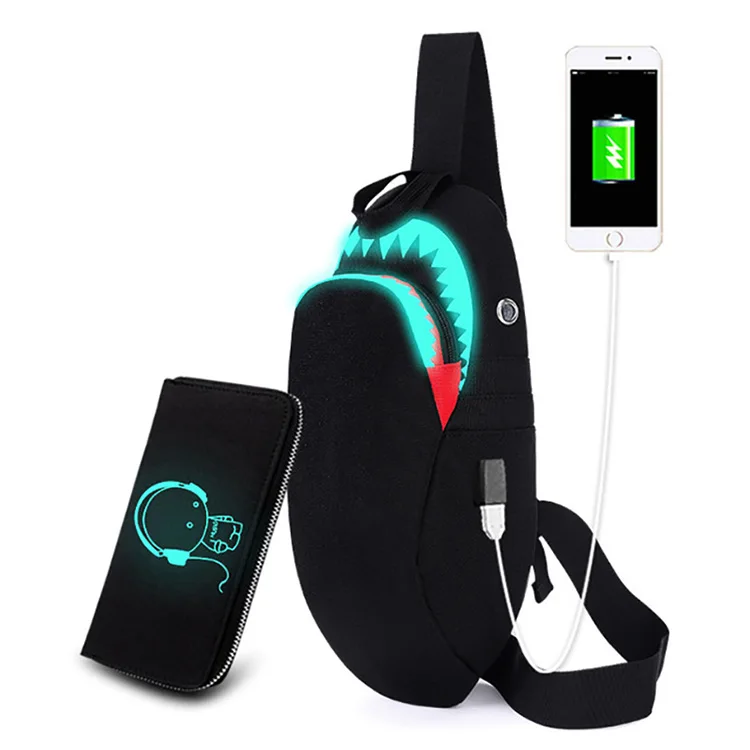Дизайнерская сумка-мессенджер, светящаяся сумка через плечо с изображением акулы, usb зарядка, Мужская нагрудная сумка, водонепроницаемые сумки на плечо для мальчиков и девочек
