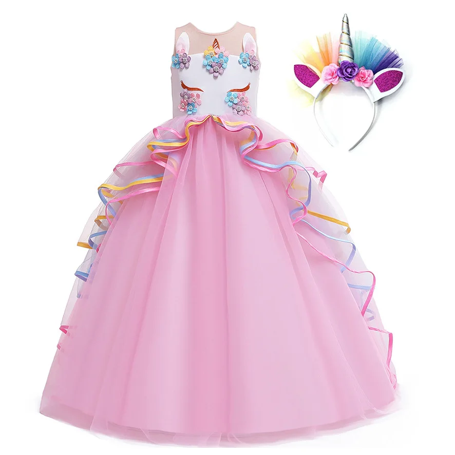 

Summer Kids Long Dress For Girls Unicorn Party Ball Gown Teens Rainbow Princess Dresses Children's Carnival Costume Girl Clothes
