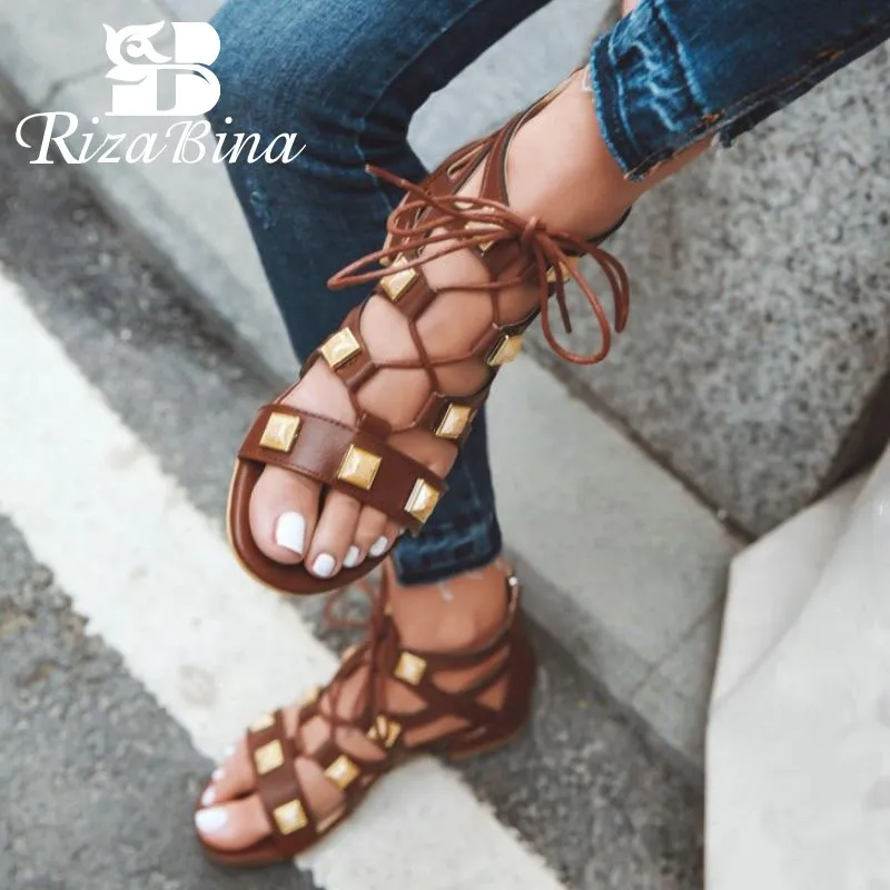 

RizaBina Sexy Gladiator Sandals Women Zipper Rivets Hollow Flats Shoes Comfortable Soft Summer Beach Shoes Women Size 33-46