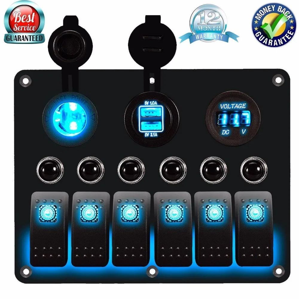 6 Gang Car Marine Boat Circuit RV LED Toggle Rocker Switch Panel