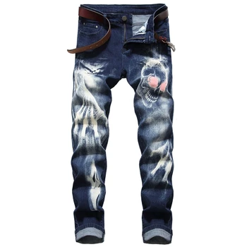 

Black Skull 3D Print Men's Denim Jeans Pants Long Classic Slim Fit Trousers For Mens 2019 Summer Streetwear Pocket Male Clothes