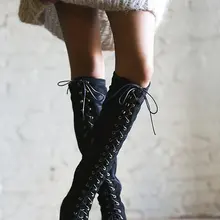 Замшевые Сапоги до колена на шнуровке; сезон осень-зима; обувь на высоком каблуке в гладиаторском стиле; женские зимние сапоги; Размеры 35-42