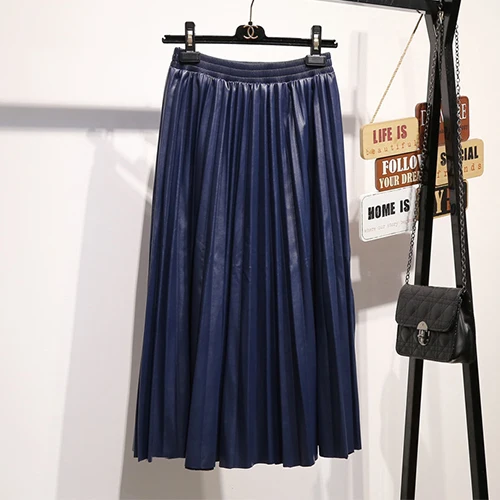 Женская юбка из искусственной кожи, Осень-зима, миди длинная Корейская элегантная плиссированная кожаная юбка с высокой талией, Женская офисная юбка трапециевидной формы - Цвет: Синий