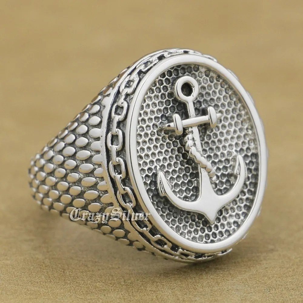 LINSION 925 Sterling Silver Anchor Chain Mens Biker Rocker Punk Ring 9W023 US Size 7 ~ 15 afbeelding