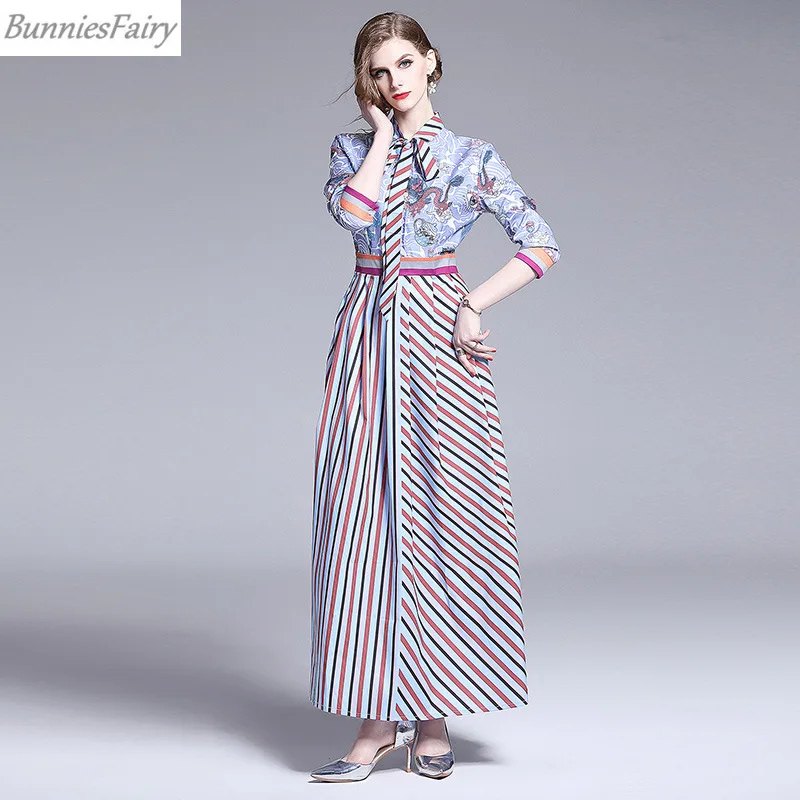 

BunniesFairy 2019 Autumn New Women Runway Elegant Vintage Retro Dragon Striped Patchwork Long Maxi Empire Fringe Dress Bow Tie