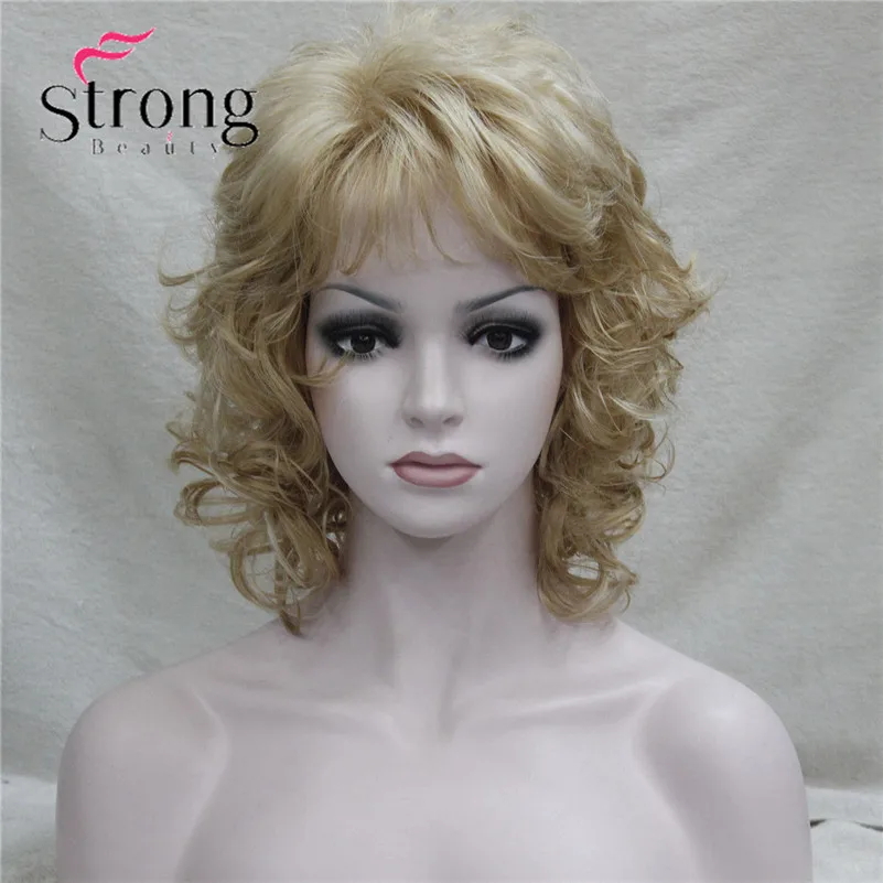 E-1560A #24H613 New Elegant Golden Blonde Mix Blonde Curly Short Synthetic Hair Full Women`s Wig (1)