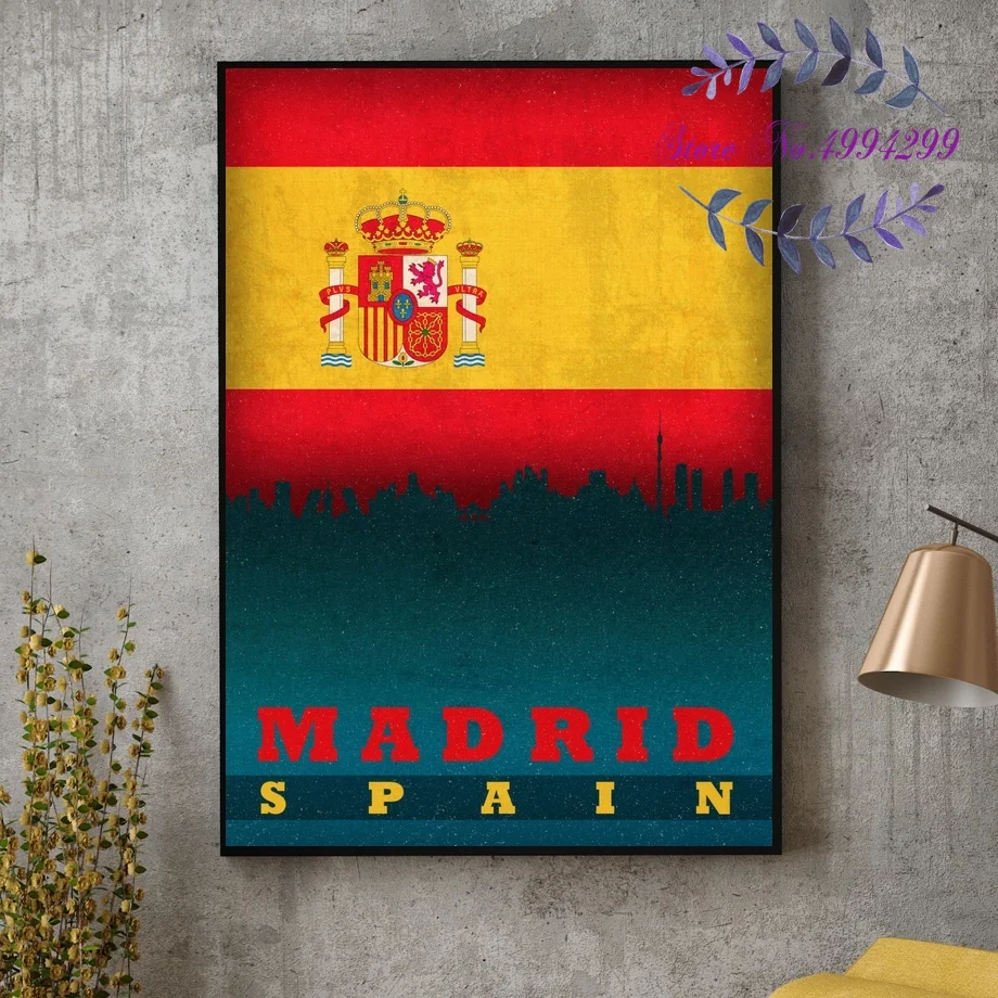 

Madrid Seville Valencia Barcelona Spain City Skyline on Flag Poster Canvas Art Print Home Decor