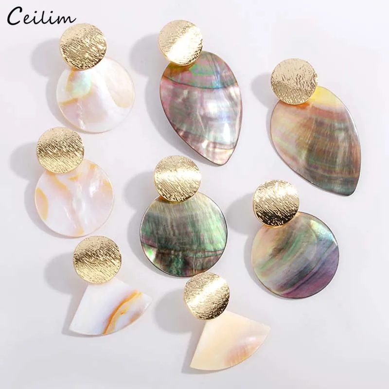 

Trendy Natural Shell Earring for Women Gold Color Geometric Round Drop Earrings 2019 Fashion Bohemian Statement Jewelry Brincos