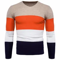 Новинка 2017 v-образным вырезом мужчин свитер пуловер контрастного цвета модные мужские вязаные свитера Длинные рукава человек трикотажные