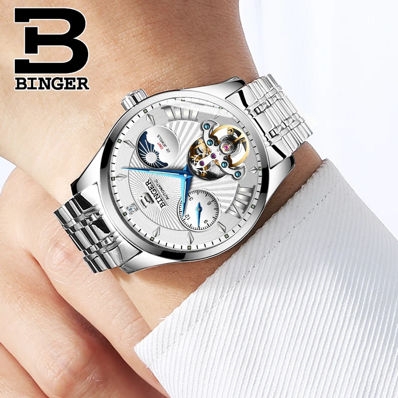 Швейцарские автоматические часы BINGER Tourbillon Мужские со стальным ремешком