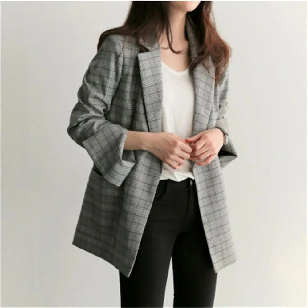 Fashion Autumn Women Jackets Gray Plaid Long Sleeves Coats With Sashes Plus Size Office Lady Jacket Work Wear Oversize | Женская одежда