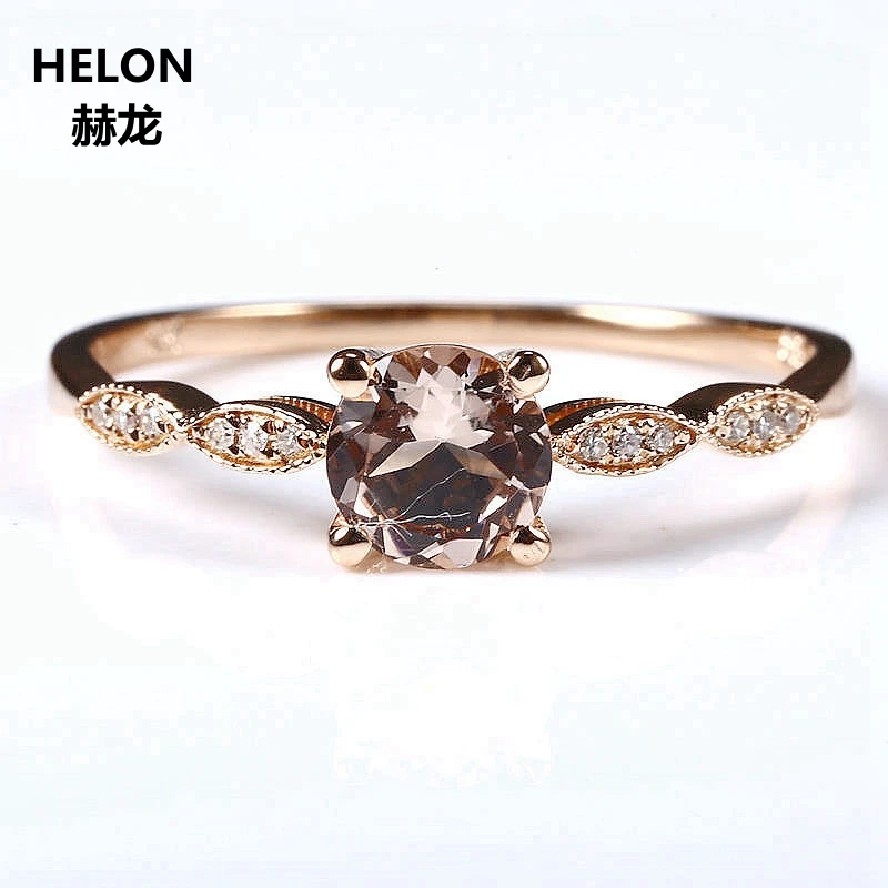 Твердое 14 к розовое золото с натуральными бриллиантами обручальное кольцо 6 мм круглое розовое морганитное кольцо хорошее ювелирное изделие для женщин Millgrain Винтаж