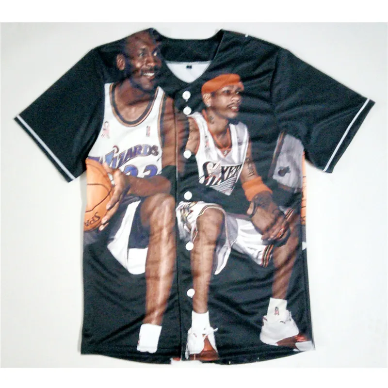 

Real US American Size Iverson x Michael Jordan high quality 3D Sublimation Print Button up Jersey plus size 3xl 4xl 5xl 6xl