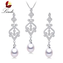 Роскошные ювелирные изделия из 925 стерлингового серебра ожерелье и серьги 9-10 мм большой размер натуральный жемчуг свадебные украшения для женщин LINDO