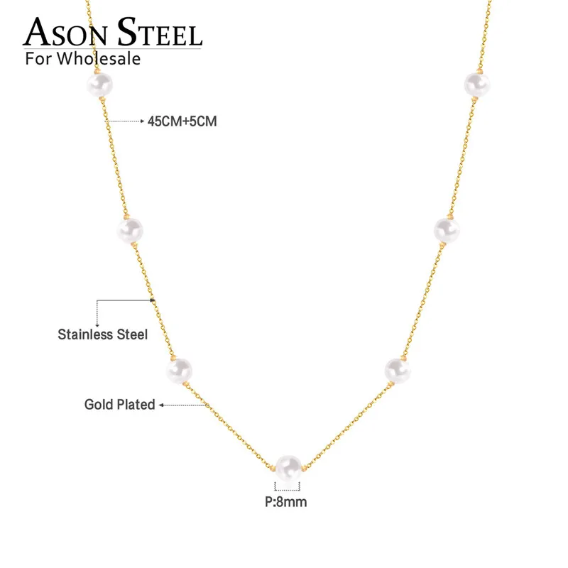 ASONSTEEL Gold/Silver White Black Round Imitation Pearl Pendant Necklace Stainless Steel Snake Chain Jewelry Collars Gift Party