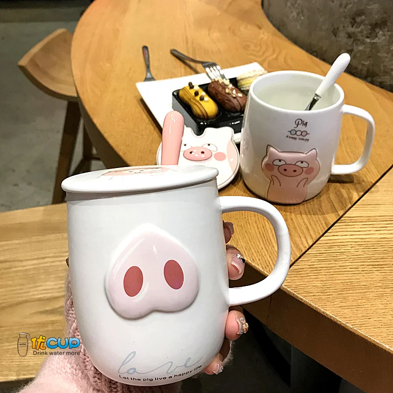Корейские милые Креативные в мультяшном стиле свинья кружка девушка сердце кофе большой объем для воды чашка с Ложка Крышка Женская Студенческая чашка свинья подарок на год