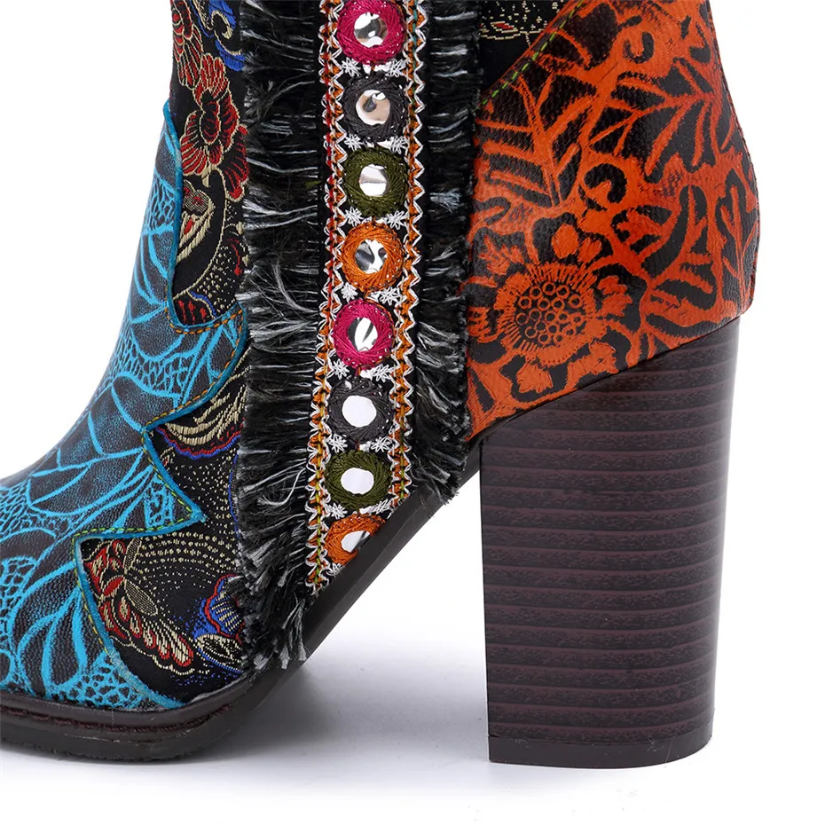 Retro Bohemian Knee High Boots Women Shoes Genuine Leather Cowgirl Women Boots Autumn Winter Vintage Zip Block Colors High Heels (8)