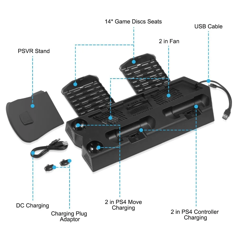 All in One PS VR Stand for PS4 PS4 Slim PS4 Pro Vertical Stand Cooling fan Controller Charging Station PSVR Glasses Holder All in One PS VR Stand for PS4 PS4 Slim PS4 Pro Vertical Stand Cooling fan Controller Charging Station PSVR Glasses Holder