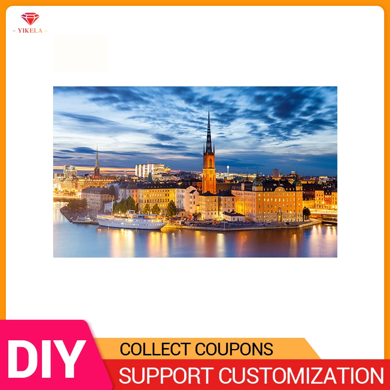 

YIKELA 5d diy Diamond Painting City Stockholm Landscape Sunset Full Square/Round Diamond Cross Stitch Diamond Mosaic Embroidery